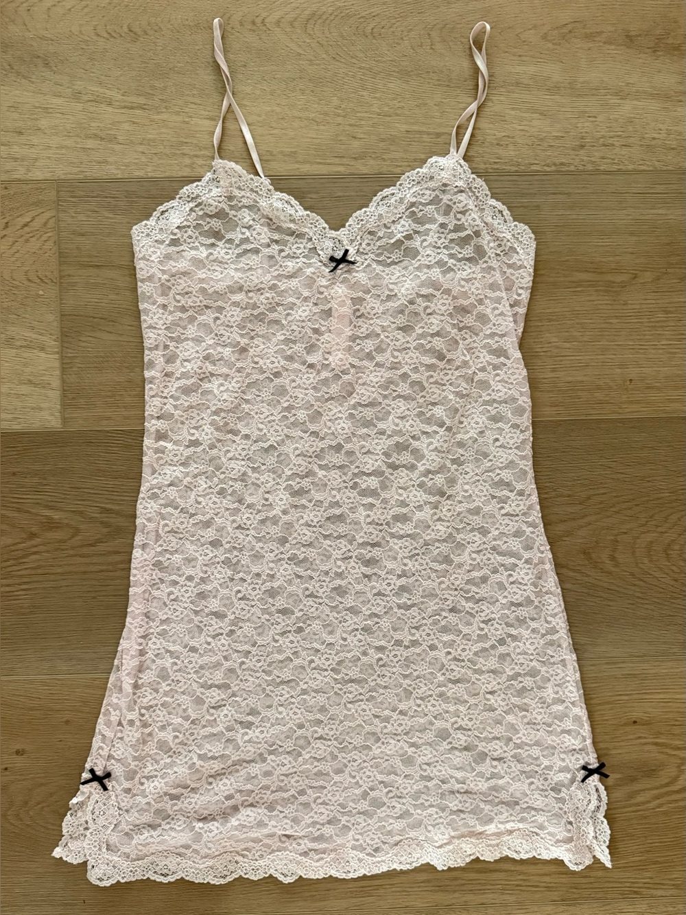 Victoria’s Secret Sheer Lace Slip Dress Babydoll Chemise Pink Black Bow M